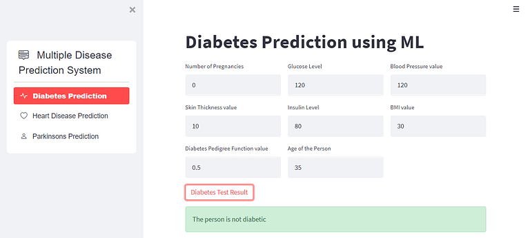 Multiple Disease Prediction System result